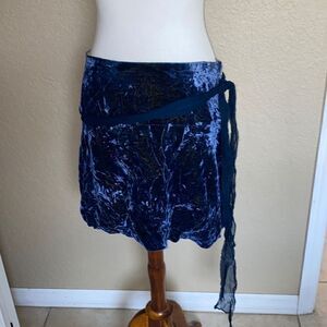 Samantha Treacy blue/yellow silk/velvet skirt w/long belt tie Sz 10